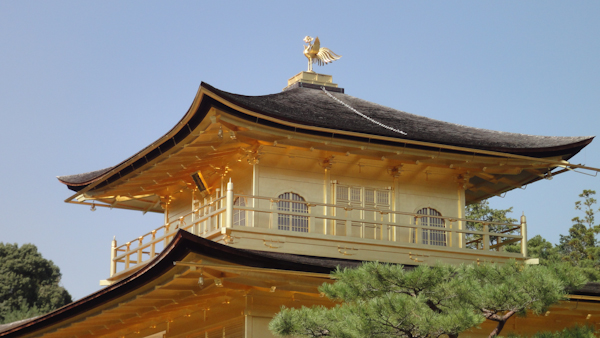 a close up of the top floors of the temple.  The bronze phoenix ornament is visible on top